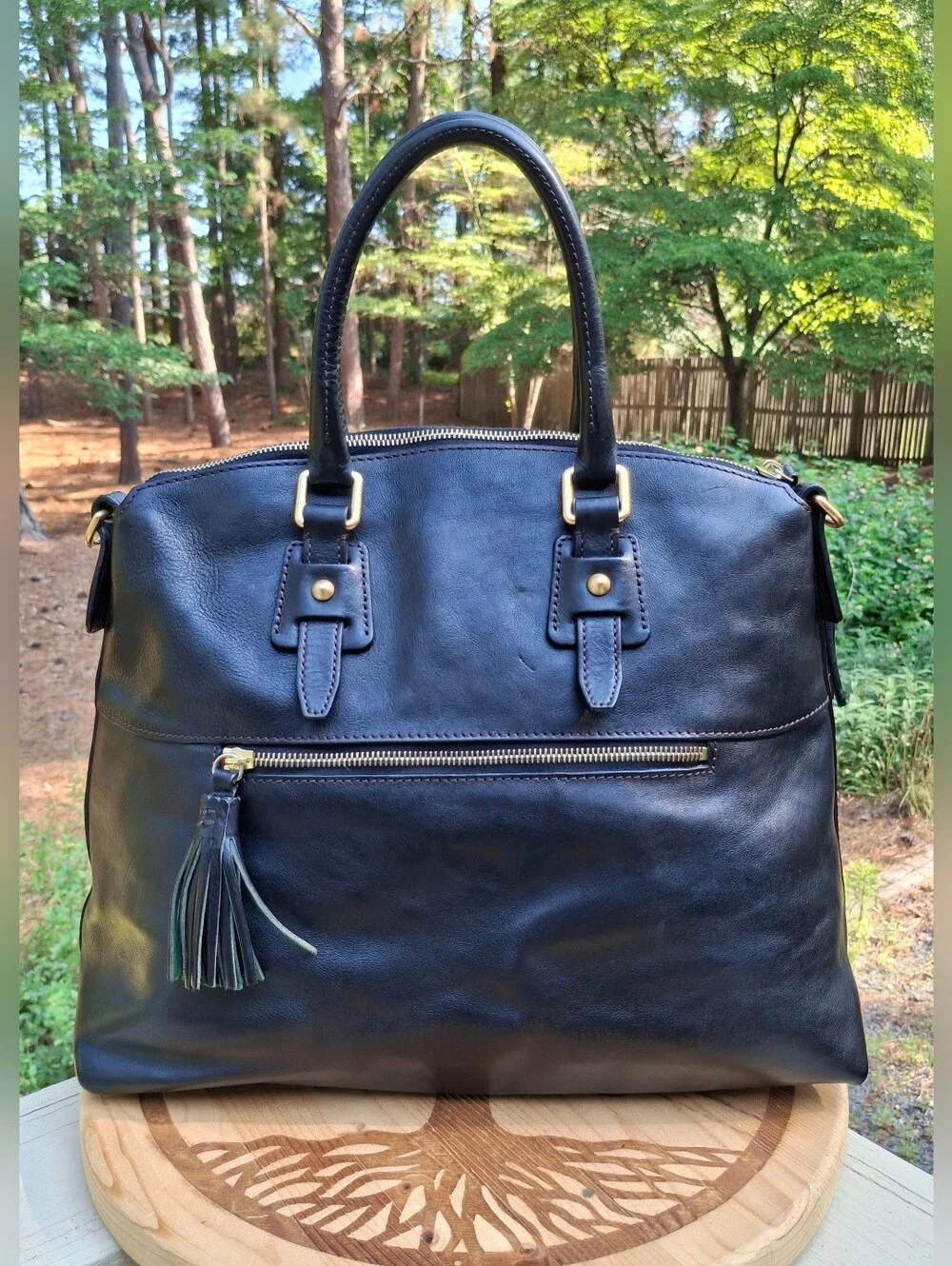 Dooney & Bourke Black Florentine Vacchetta Leather Clayton Satchel
